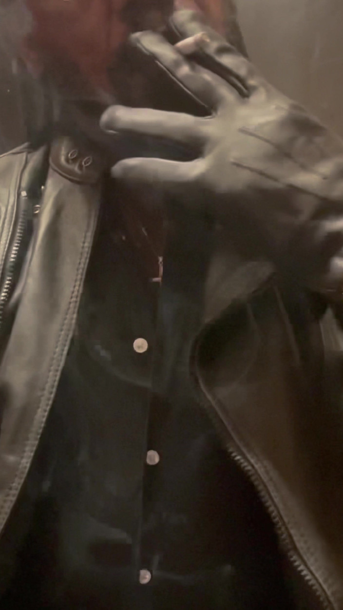 Black smoking muscle stepdad: Black Leather Smoking Dad