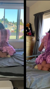 Pink Satin Sissy Maid Rides Her Sex Doll Toy While Locked