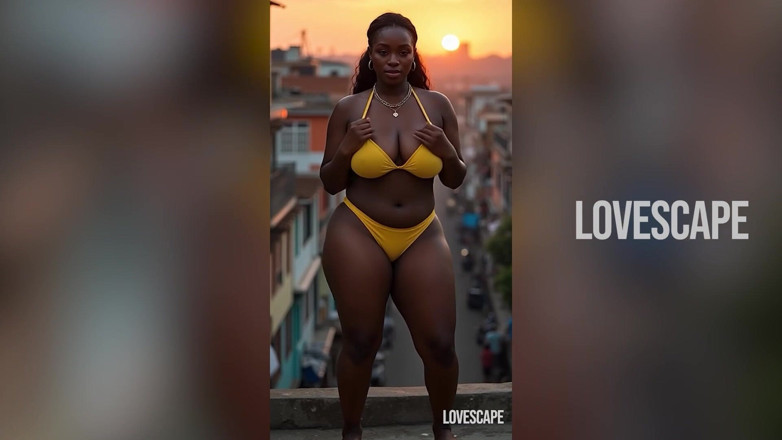 Lovescape: エボニーのエキシビショニストがブロックで激しく叩かれる