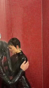 Latex Catsuits Shower Fun - Splashing, Shining, and Milky Play