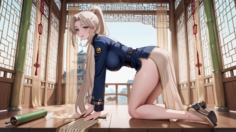 Tay Swift X: Blonde Samurai in diepblauwe do-over! Knielend in de Japanse corridor,...