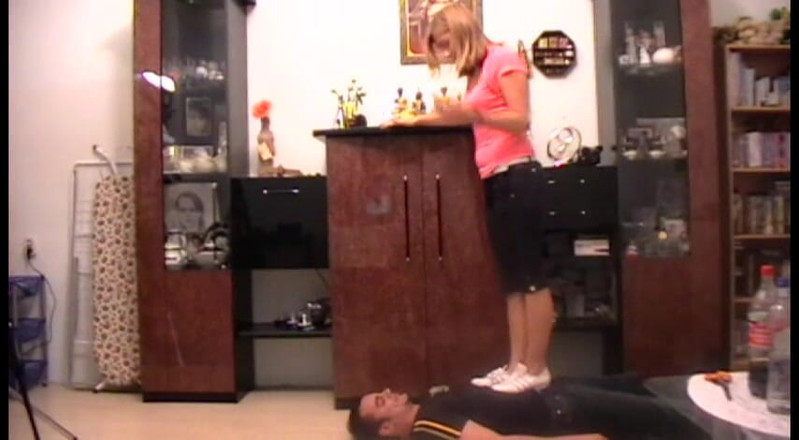 Foot Girls: Shoe licking while stomping on him