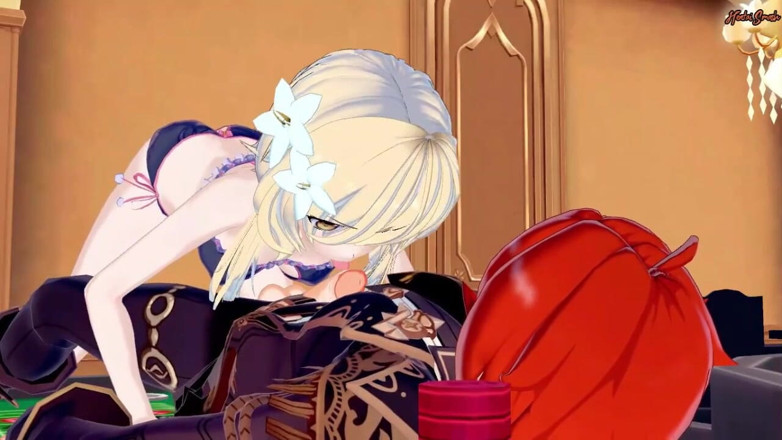 Hentai Smash: Lumine Diluc'un yarağını gırtlağına kadar alıyor, dölünü tükürüyor - genshin çarpma hentai.
