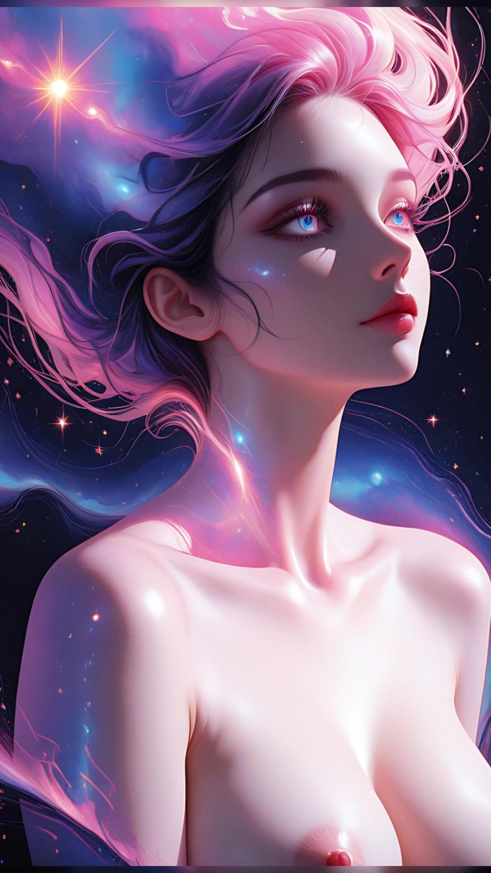 VelvetInk Studio: Zeița visului cosmic femeie goală care plutește în peisajul fantastic suprareal...