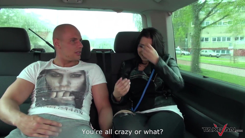 Take Van: Rainy day help us to get naive brunette to car...