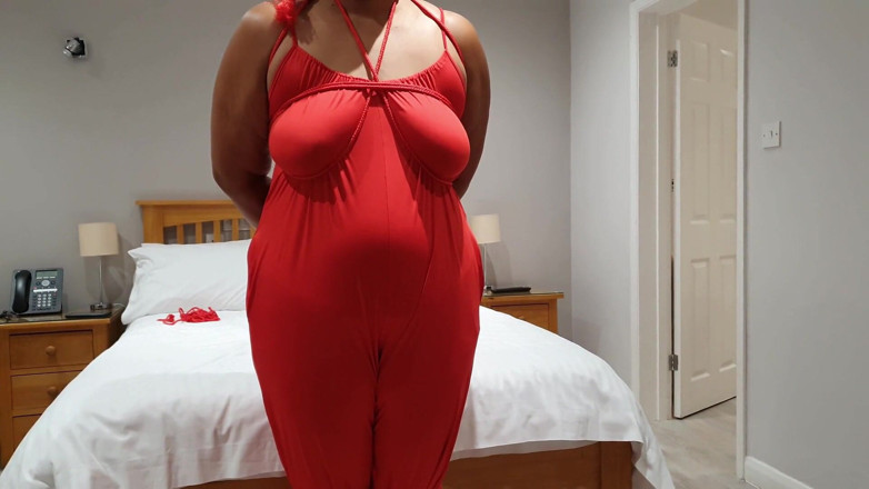 Slutty Ms B: Hogtied in spandex jumpsuit