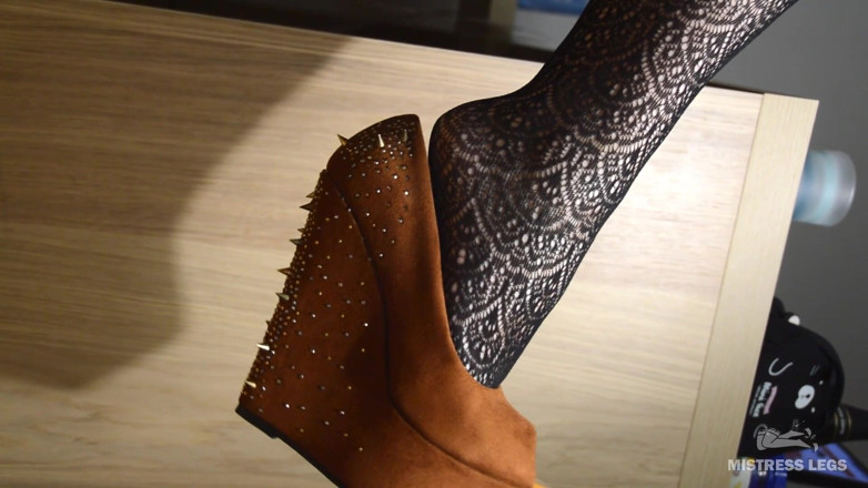 Mistress Legs: My lazy dangling shoe on the feet in black fishnets