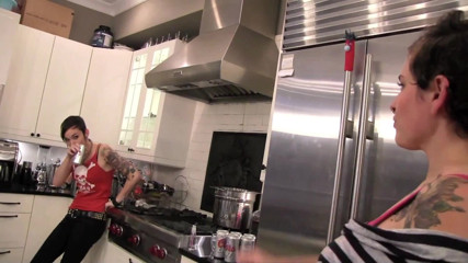 Lezdom Austria: Tattoo babes have sex in the kitchen