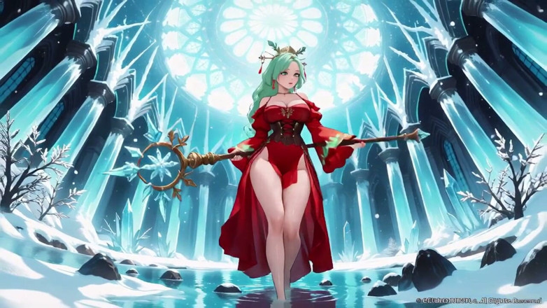 Tay Swift X: 赤いドレスを着た緑髪の女神がクリスタルホールでひざまずき、魔法の呪文と官能的な視線!