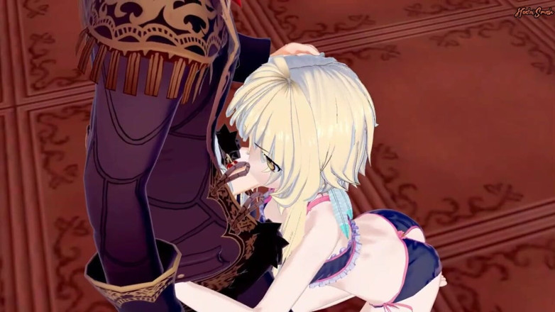 Hentai Smash: Lumine deepthroat zakar Diluc, meludahkan pancutan maninya - Genshin Impact Hentai.