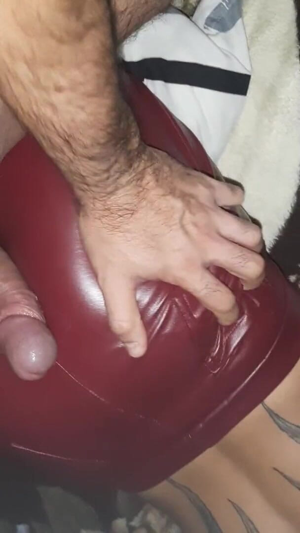 Shiny leather assfuck: Gf's ass in red leather pants teasing my cock
