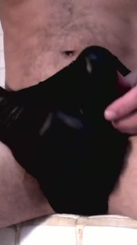Masked Sissy in Stockings and High Heels Cums in Bathroom
