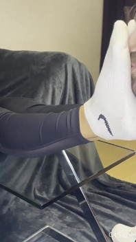 Dirty White Sneaker Worship - Smelly Socks in Face with Valeria Night (front View)