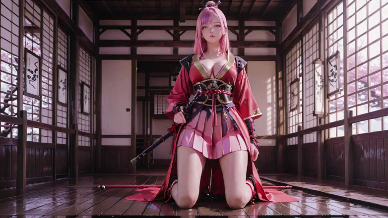 Seraphina Vale: Samurai đỏ thm! Chiến binh tóc hồng quỳ trên Tatami, kimono...