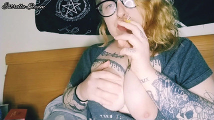 Estrella Steam: Estrella Steam smokes a cigar while playing with her tit