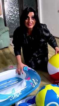 Inflatable Humiliation in Leather. Beach Ball Popping, Deepthroat, Doggy and Cum Play
