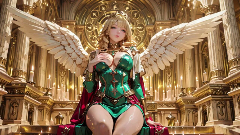 Seraphina Vale: Rubia Ángel Reina! Sagrado arrodillado en una gran catedral, la túnica...