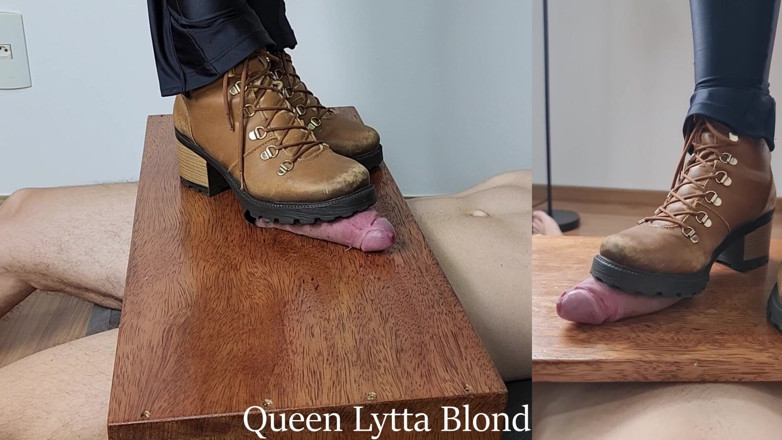 Queen Lytta ballbusting and cum lick: Queen Lytta Blond - Sexy Boots CBT Ep 6 - 2 Angles - CBT - Cock...