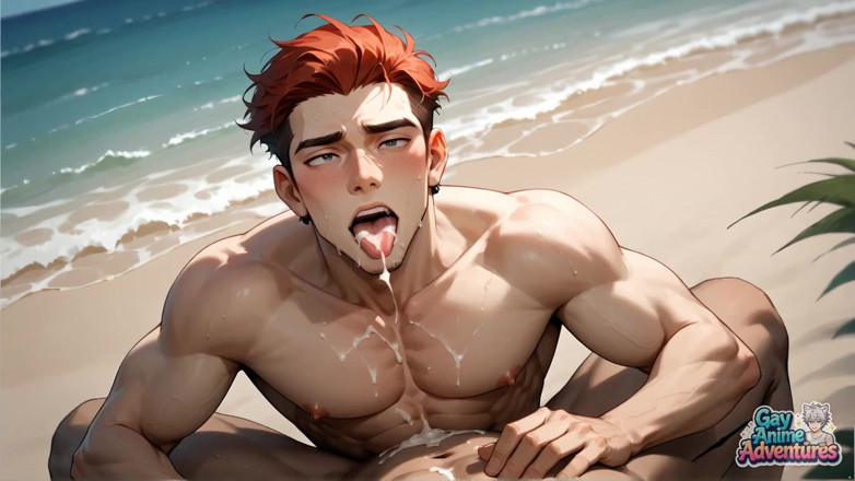 Gay Anime Adventures: 海滩肌肉神弯曲，他汗水浸透的六包闪闪发光，喷出！最热辣的同性恋XXX！
