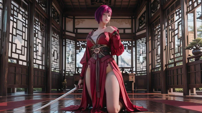 Seraphina Vale: Purple-haired War Maiden in High-slit Kimono, Kneeling to Tease Your...