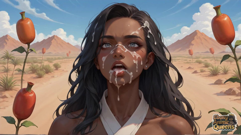 Ebony Anime Queens: Experimentează o puternică explozie orală din deșert cu Nud Black...