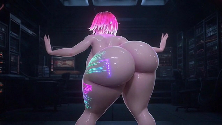 Animate golden: Futuristické růžové vlasy android dívka sténání a mačkání zářících koz