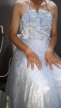 Crossdresser Cumshot Wearing Blue Bridesmaid Dress
