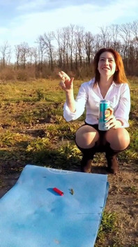Skinny Readhead Smoking and Laughing Outdoor While Touching Her Pussy Trough Pantyhose