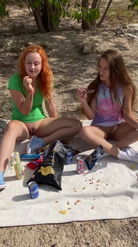 Trashy Picnic on Field. Two Girls Pantyless Having Fun