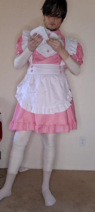 Pup Zentai: Pink spandex maid dress up