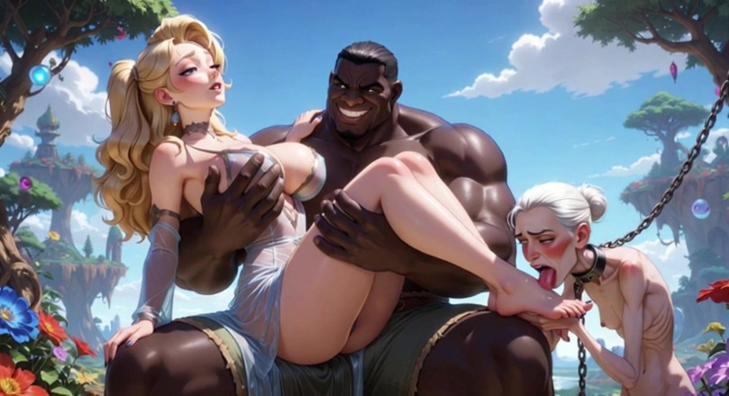 Anime Hentai: Stara babcia upokorzona lizanie stóp młodej kobiety - siedząc na muskularnych...