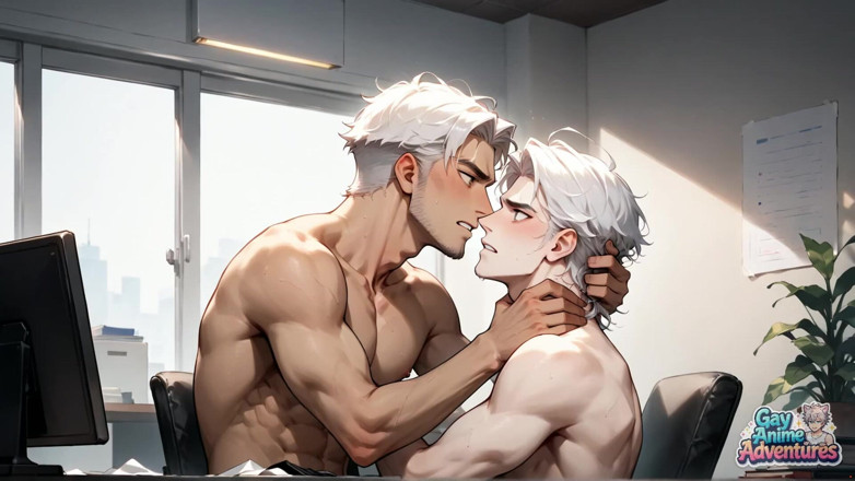 Gay Anime Adventures: Fantastic XXX Act am Schreibtisch mit einem Muscle Man Spreizt...