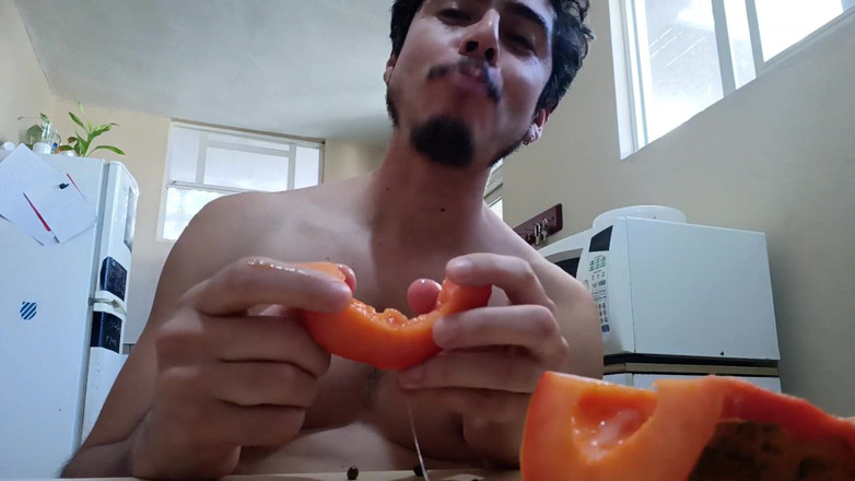 Tabasco Jake: Handsome Guy Fucks a Papaya, Cums Inside and Eats It
