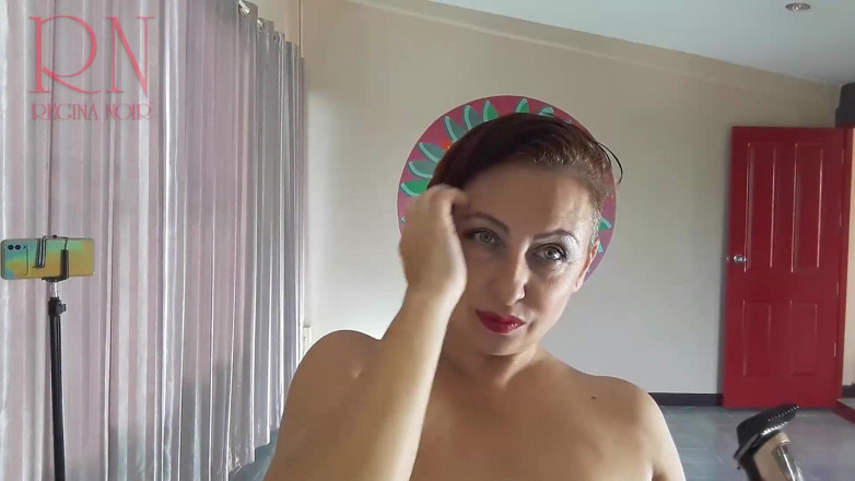 Regina Noir: Naked nudist hairdresser. She cuts her own hair. Regina Noir...