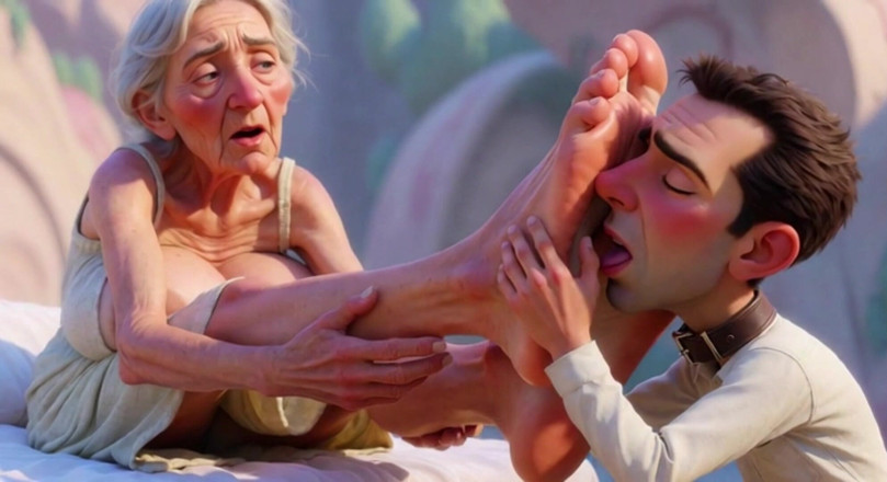Anime Hentai: Hamba kaki tua gergasi menyembah - lelaki kecil menjilat kaki gergasinya