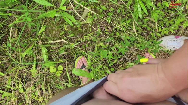 Anna Fire: Stepmom holds stepson's cock while he pees in nature