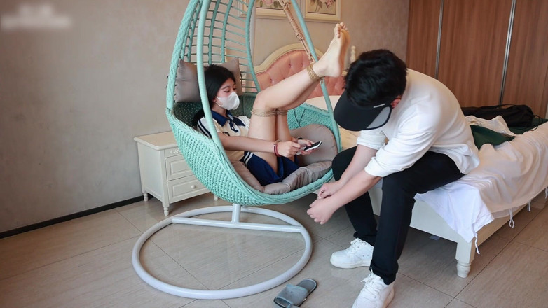 Asian bondage: Barefoot College Student Girlfriend, Feet Suspended with Ropes, Hands Handcuffed