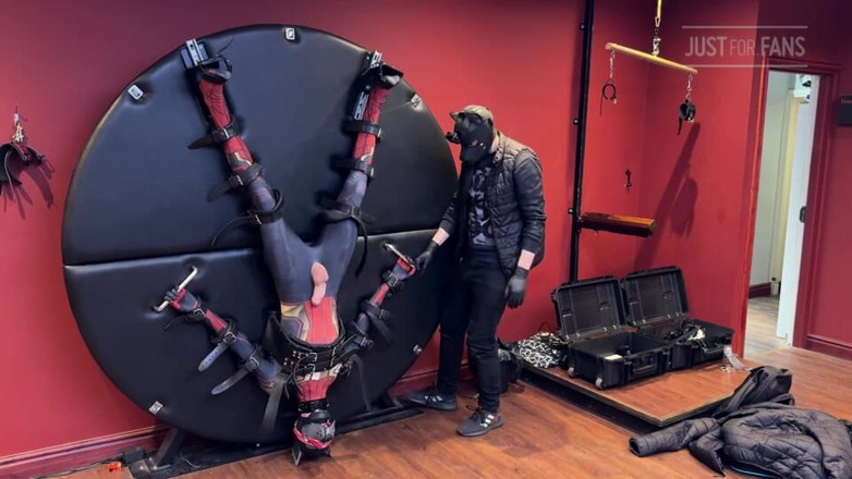 Inmate Cody and SubEdgeX: Pup Twink Dressed as Spider-man Strapped to the Bondage Wheel...