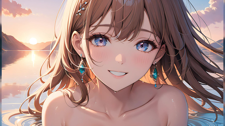 LustRender: 柔和的反射：一个美丽的年轻女人，天空柔软