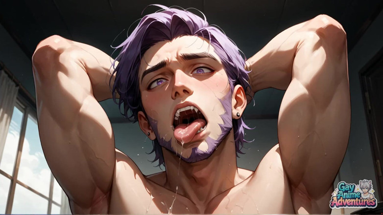 Gay Anime Adventures: Ein gerissener hengst mit lila Dornen liegt auf seinem bett,...