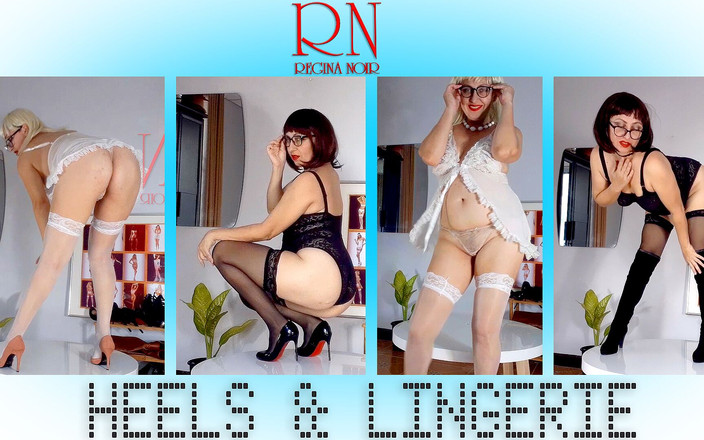 Regina Noir: Regina Noir experimentando salto alto. Striptease em lingerie branca e...