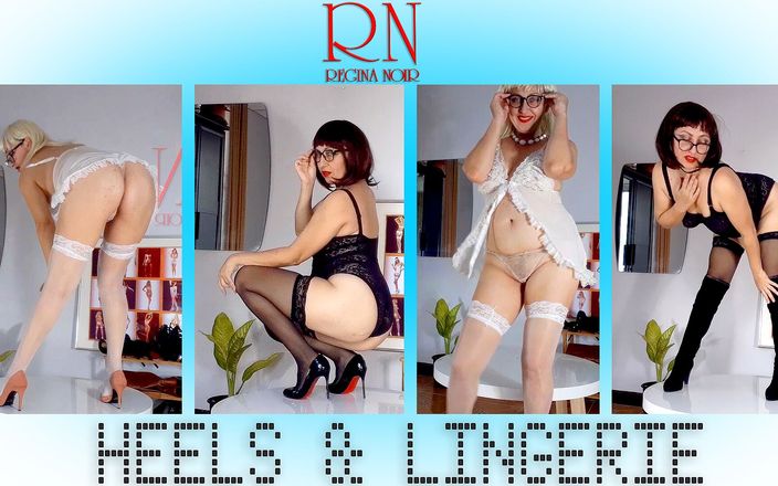 Regina Noir: Regina Noir probează tocurile înalte. Striptease în lenjerie albă și neagră și ciorapi