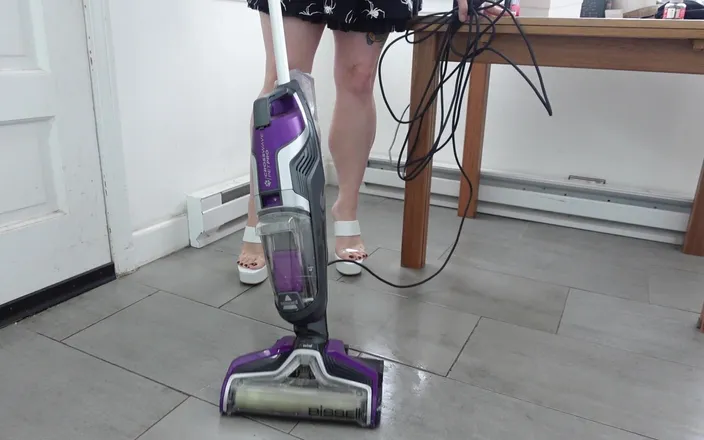 Deanna deadly: Muscular Calves While Vacuuming in White Stilettos with Gold Heel