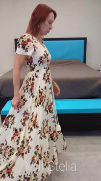 Long Floral Dress, White Toes and Tan Mule Heels Try on