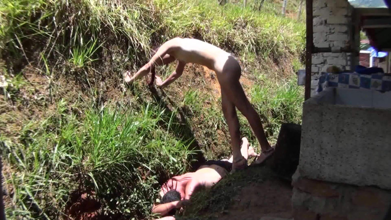 Femdom Austria: Nude babe stomping her slave in the backyard