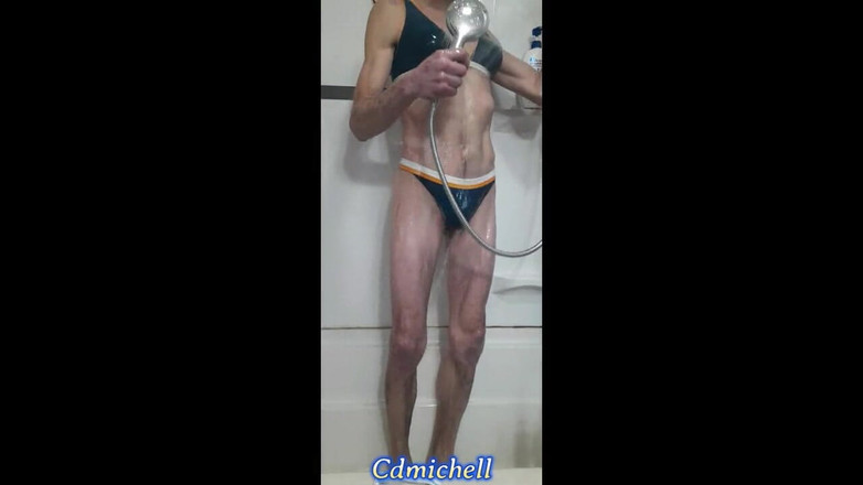 Feeling sexy today crosdressing: Cdmichelle Taking a Shower Wearing Sexy Blue Swimsuit
