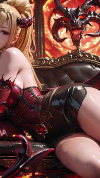 Лава-Трон! Блондинка Demon Queen на коленях и раздвигает свои крылья, ленивый соблазняет стаканом.
