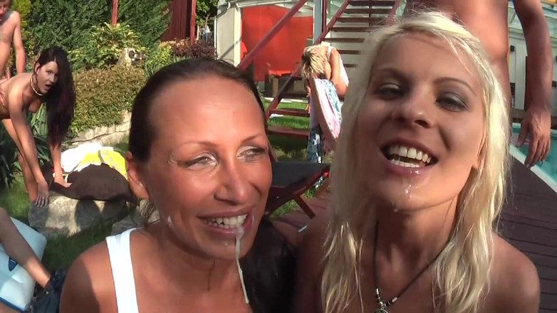 Gang Bang Germany: 내 뒷마당에서 많은 소녀들과 함께하는 아마추어 정액 삼키고 갱뱅 난교