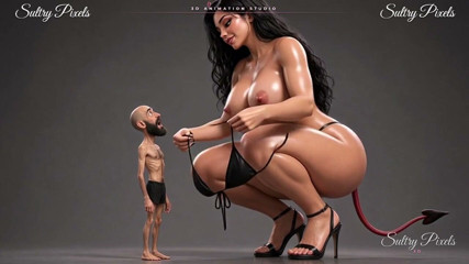 Sultry Pixels 3D: Giant She-devil Strips Topless for Her Tiny Bearded Man - He...