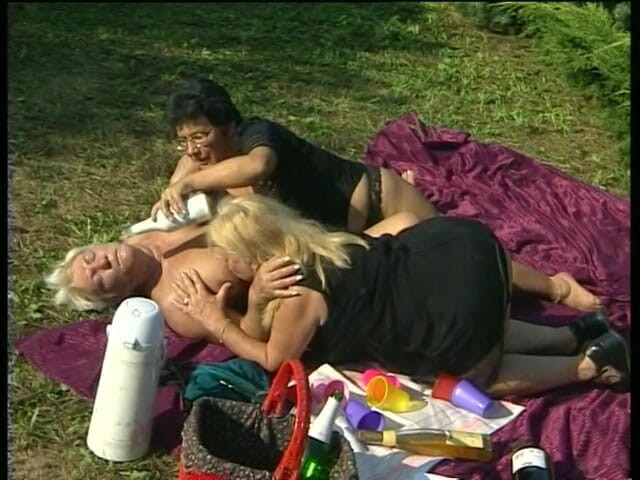 Naughty Girls: Three busty gilfs are fingering each other's pussy outdoors
